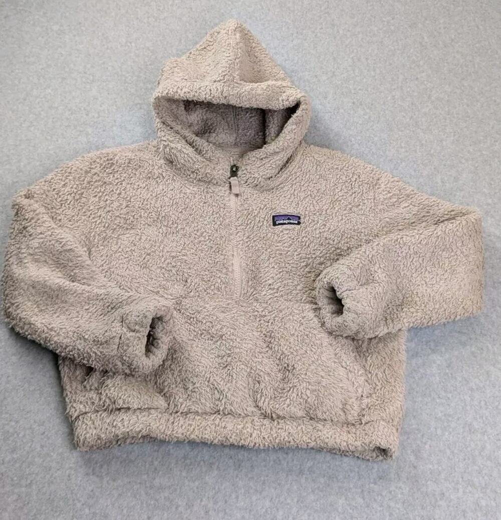 Patagonia 1/4 Zip Fleece Pullover Hoodie Girls Med Tan Hooded Kangaroo Pockets
